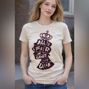 Bridgerton | All Is Fair In Love And War Tshirt Tan Maroon | Size XS